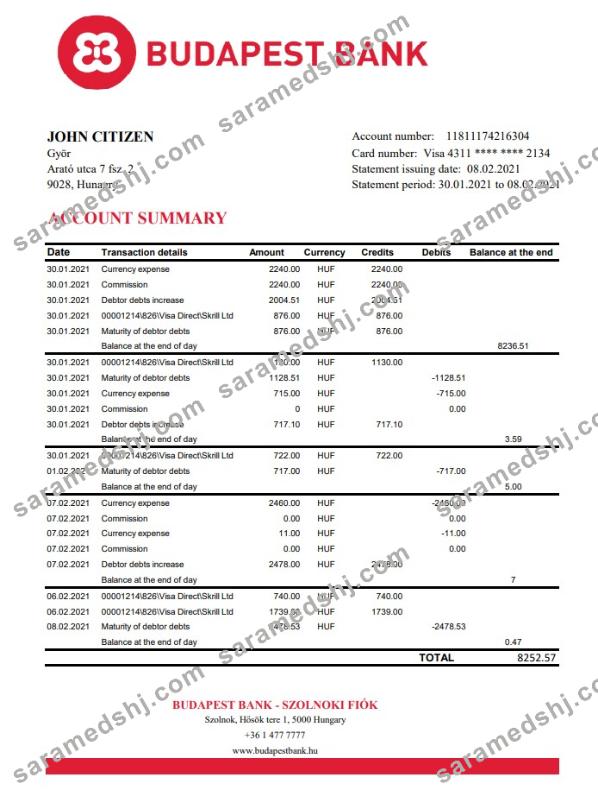 Hungary Budapest Bank – Szolnoki Fiók bank statement easy to fill template in .xls and .pdf file format